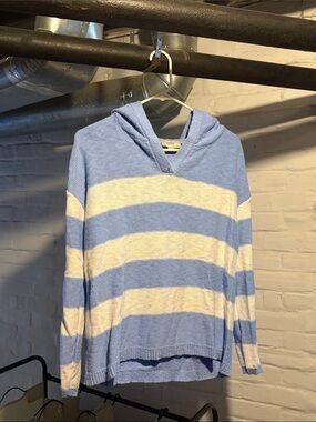 LOFT Striped Crewneck Hooded Sweater in Light Blue and Cream